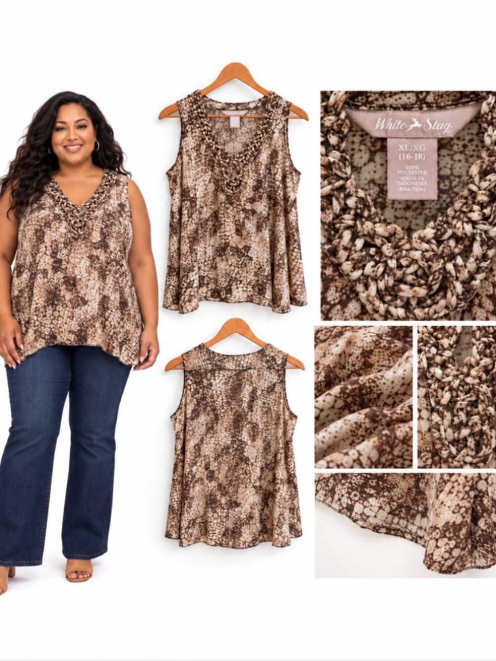 White Stag Brown Abstract Print Sheer Tank Top Plus Size Boho Layering Blouse